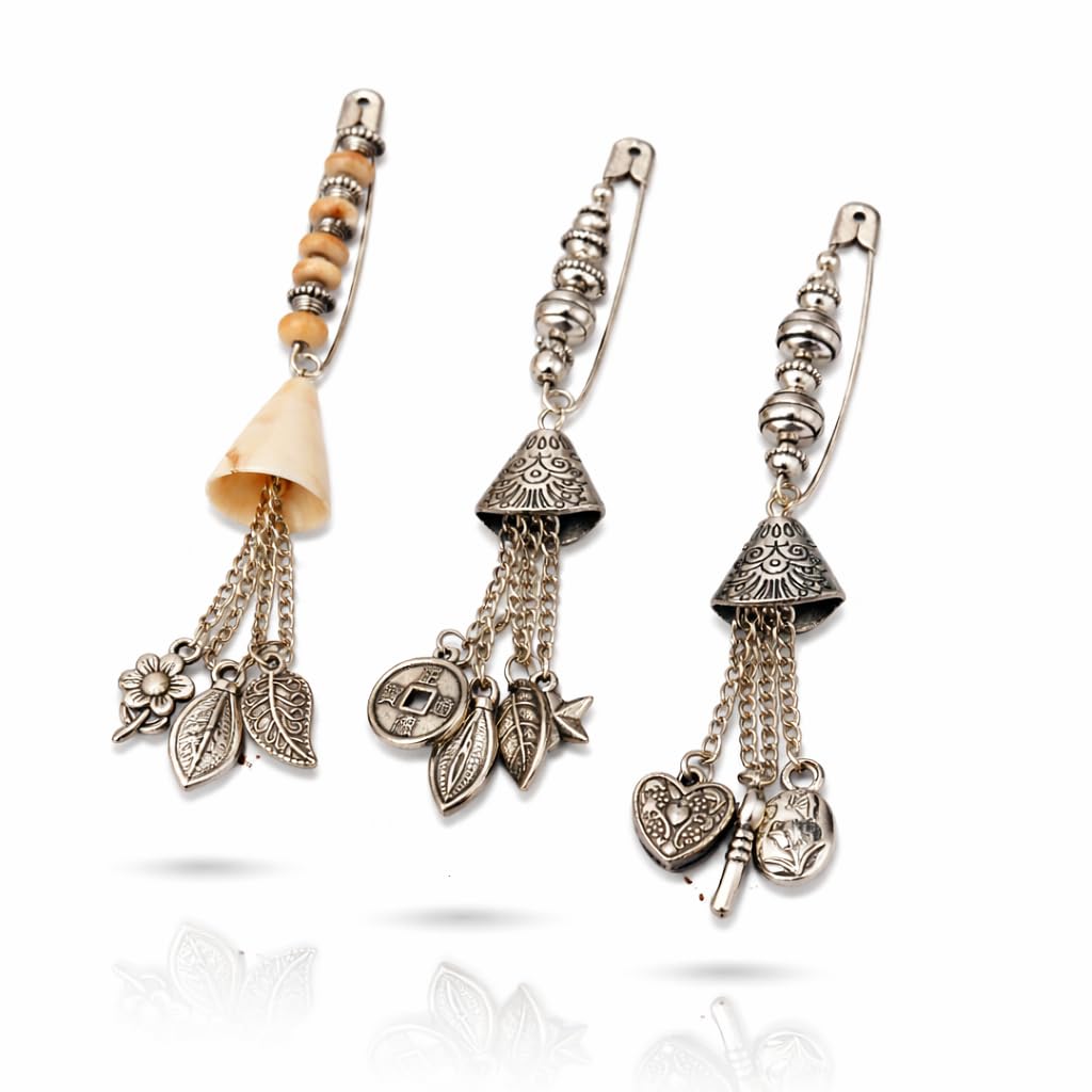 gc premium jewellery Oxidized Plated Saree Pin Combo Set for Women & Girls | Traditional Hanging Charm Brooch Pallu Pins | Safety Clasp (Set of 3)-picture-15