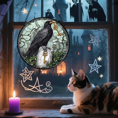 Image of Stained Glass Window Hanging - Halloween Crow Holding A Key Suncatcher for Doors Garden Home Spooky Green Vines Sun Catchers Gothic Decor Horror Gift for Women Men Friend Boy Girl 15 in