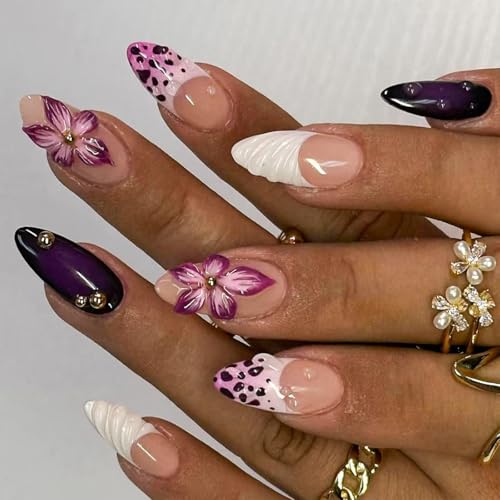 Image of Flower Nail Press ons Speing Fake Nails French Tip Glue on Nails with 3D Line Design Glossy Artificial Acrylic Full Cover Dark Purple False Nails Medium Almond Stick on Nails for Women Manicure 24Pcs