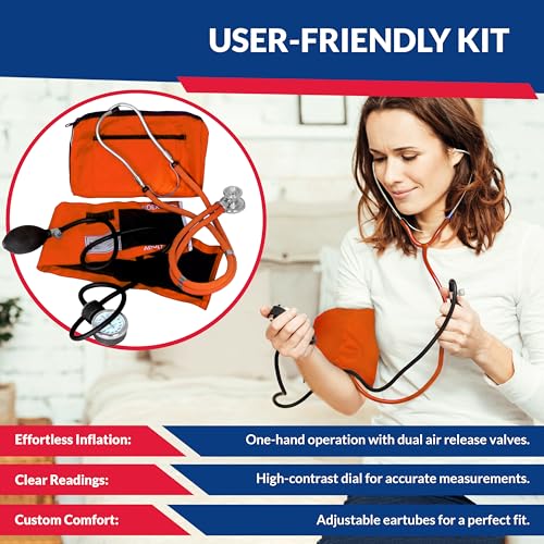 Image of Blood Pressure Monitor and Sprague Stethoscope Kit - 2-Pack, Adult Aneroid Sphygmomanometer with Dual-Head Stethoscope, Adjustable BP Cuff, Carrying Case & Accessories - Orange