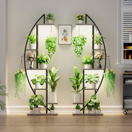 Image of BACEKOLL Plant Stand Indoor with Grow Lights, 6 Tiered Tall Plant Shelf, 63 inch Metal Plant Stand for Indoor Plants Multiple, Half-Moon Plant Rack Display Shelf, 2 Pcs Plant Holder for Living Room, Grey