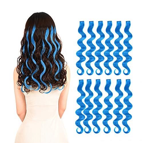 12 Pieces Party Highlights Clip in Colored Hair Extensions for Kids Girls Colorful Hair Extensions 22 inches Curly Wavy Synthetic Hairpieces Multi-Colors Sky Blue Hair