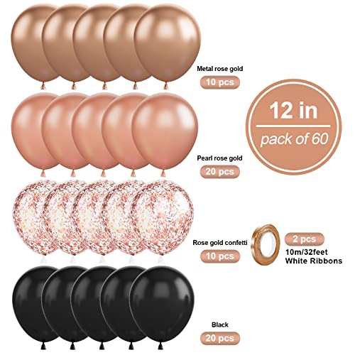 Image of Rose Gold Balloons Set, 60PCS Metallic Rose Gold & Black Latex Balloons for Birthday, Baby Shower, Wedding Party Decoration