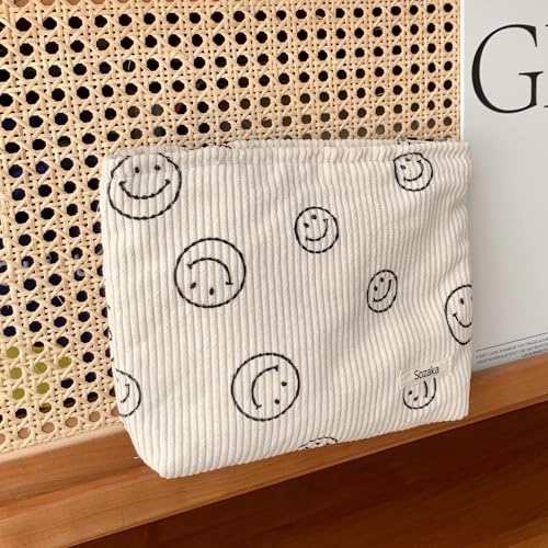 Gardsell Cosmetic Bags for Women - Corduroy Cosmetic Bag Aesthetic Women Handbags Purses Smile Dots Makeup Organizer Storage Makeup Bag Girls Case Bags (A-Beige) 3 Ounce