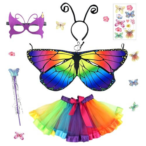 YAEGIMHT Butterfly Costume Kids Girls 6 Pcs Fairy Costume Set with Butterfly Wings Headband Colorful Tutu Wand Mask Tattoo Animal Dressing Up for Carnival Halloween Performance Girls 3-8 Years