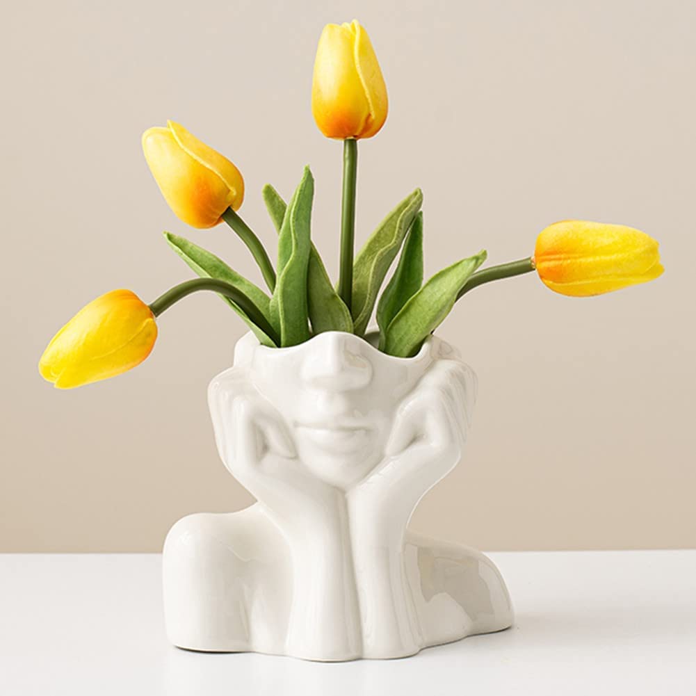 SYOSI White Ceramic Face Vase, Female Form Head Half Body Vases Boho Feminist Minimalism Decorative Modern Nordic Style Flower Vase for Home Living Room Office Decor (W 5.5" x H 4.5")