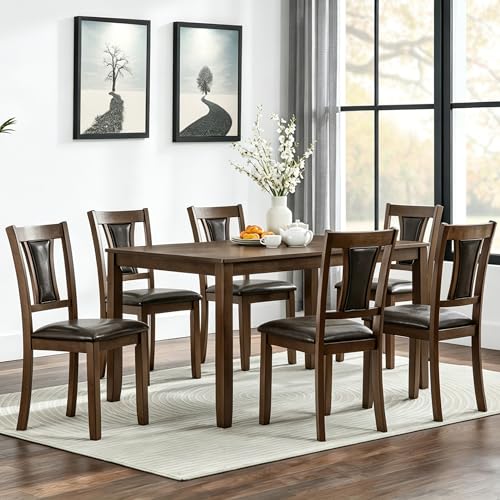 Image of KEIKI 7-Piece Standard Height Dining Table Set with Rectangular Table, 6 Upholstered Chair, for 6 Person, Farmhouse Rustic Style Table Set, Easy Assembly, for Kitchen, Dining Room, Walnut