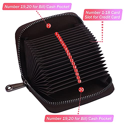 Image of LINNO RFID 20 Card Slots Credit Card Holder Genuine Leather Small Card Case for Women or Men Accordion Wallet with Zipper