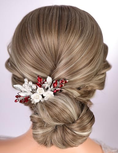 Peineta para cabello flores cristal plata-rojo 9x6cm miniatura 1