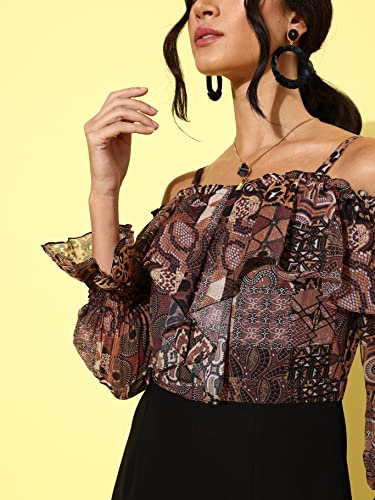 Image of Miss Chase Women's Multicoloured-Base-Black Off-Shoulder Ruffled Sleeve Animal Print Frilled Regular Jumpsuit