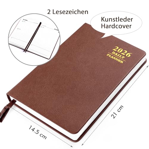 Terminplaner 2026, Kesote Buchkalender A5 Wochenplaner Leder Kalender Terminkalender Hardcover Wochenkalender Braun, 1 Tag 1 Seite