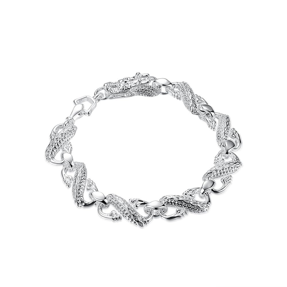 PRETTYLE Plata De Ley Pulseras para Mujer,Vintage 925 Pulsera De Plata Maciza Hecha A Mano Pulida Dragón Chino Cadena Brazalete Ajustable Brillante Moda Señoras Joyería Regalo para Pareja De Cumpleaños