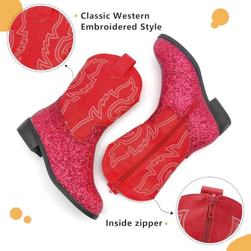Girls Cowboy Boots Kids Embroidered Square Toe Mid Calf Glitter Western Cowgirl Boot Side Zipper Shoes4