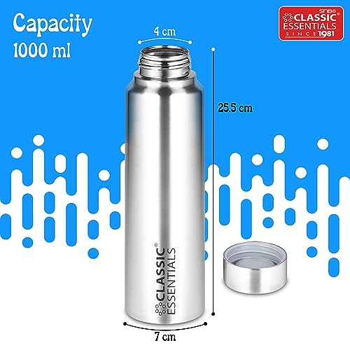 Image of CLASSIC ESSENTIALS Spring Stainless Steel Single Walled Fridge Water Bottle (1000ml,Silver) Leakproof BPA free Lids,Great For Travel,Picnic,Camping Etc.