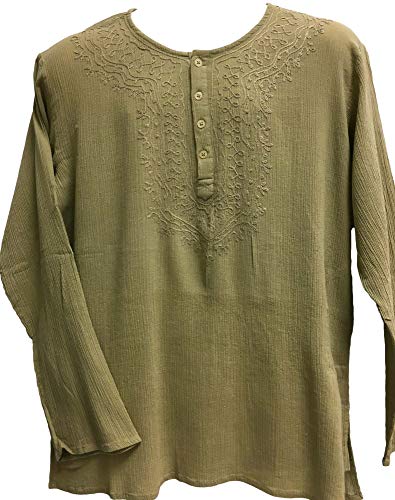 Yoga Trendz Mens Indian Bohemian Crinkled Gauze Cotton Embroidered Tunic Shirt Kurta Khaki2