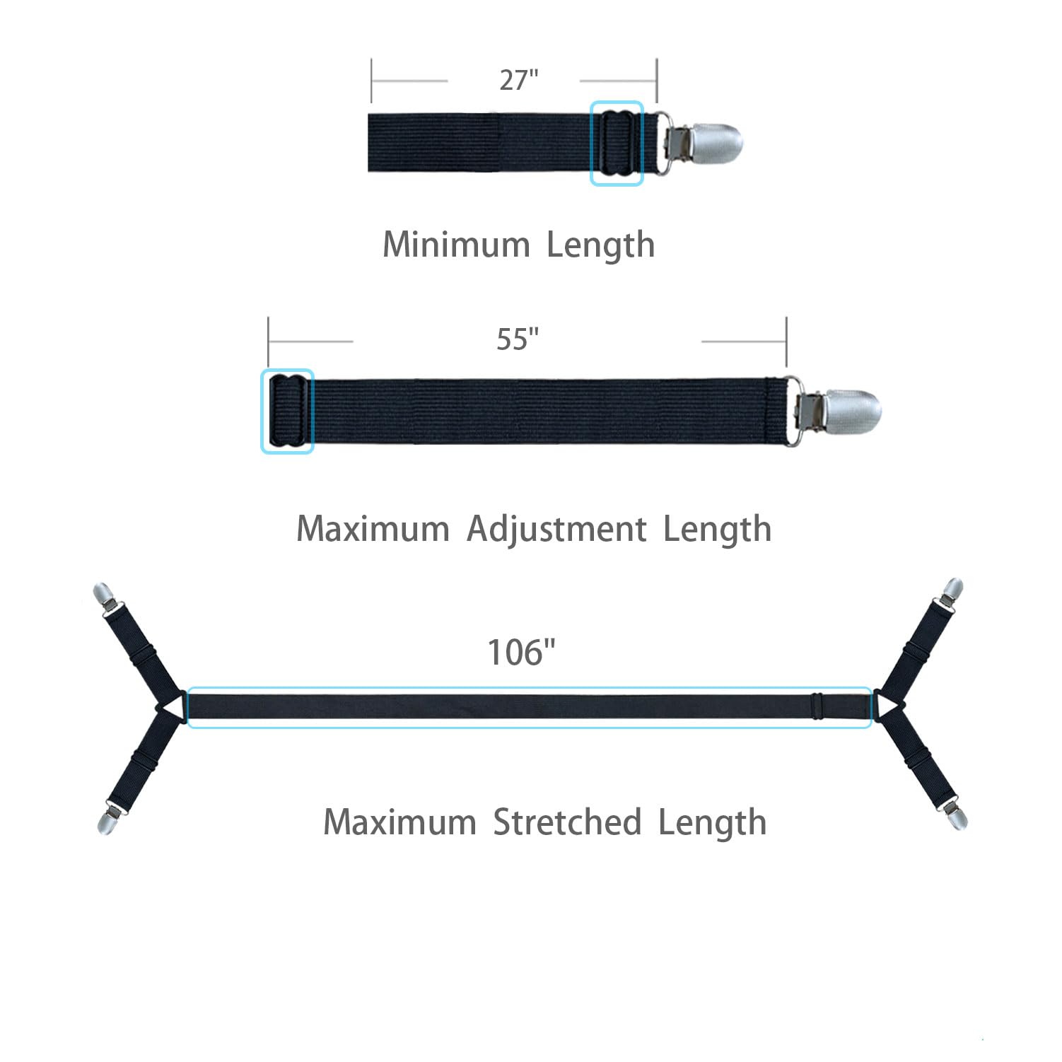 Bozenu Bed Sheet Straps/Fitted Sheet Holders for Corners - Keep Your Bed Sheets Firm & Tight with Premium Bed Scrunchies, Sheet Clips Black-2Pack