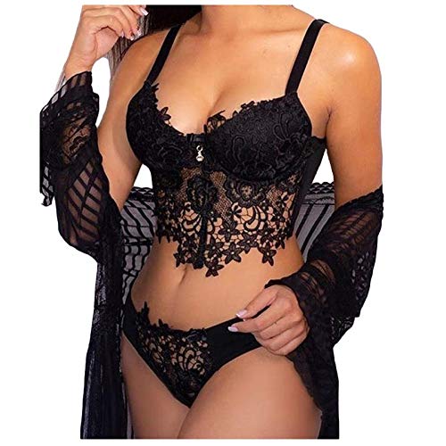 LuckycatDD Femmes Engrener Broderie Col en Dentelle Soutien-Gorge sans Fil Lingerie Engrener String Ensemble sous-Vêtements Cover