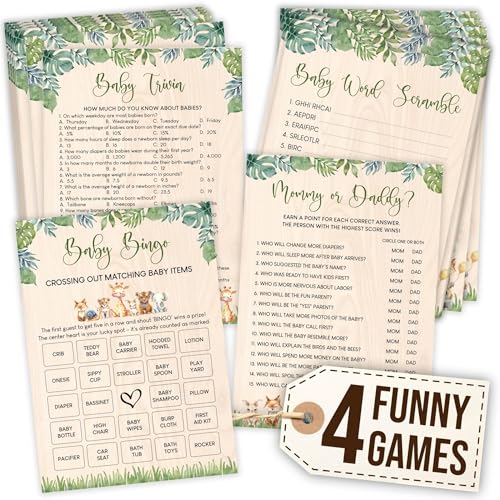 WOODAMORE Woodland Baby Shower Games For Boy - Forest Baby Shower Bingo Game For 25 Guests, Fun Mommy Or Daddy Game Trivia Woodland Theme Decorations