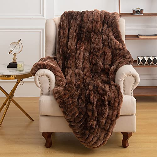 Soft Faux Fur Throw Blanket, Fuzzy Throw Blanket for Couch Bed Sofa Luxurious Ruched Plush Fluffy Warm Throw Blanket for Living Room (Throw, 50x60 Inches, Brown)