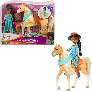 Dreamworks Spirit GXF64, Spirit Untamed Pru Festival Pop (18 cm) met jurk, hoed en paard Chica Linda (20 cm) met lange manen, zadel en borstel, cadeau voor kinderen van 3 jaar en ouder