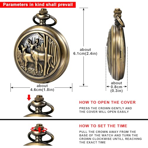 Image of Deer Pocket Watch for Men Pocket Watches with Chain Gift for Father's Day | Vintage Deer Case Pocket Watch Mens Quartz Watches with Chains Christmas Graduation Birthday Gifts Fathers Day