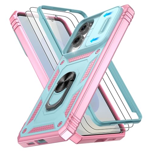 Gritup Fit for Samsung Galaxy S25 Edge Case with Slide Camera Cover | 2 Pcs Screen Protector, Build in 360° Rotating Ring Kickstand, Military Grade Protective Phone Case, Green+Pink