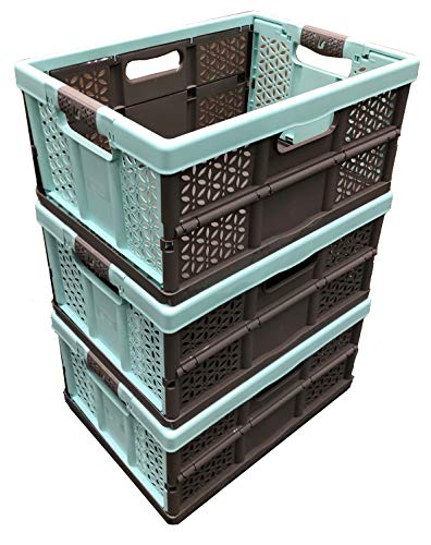 keeeper 3 x 32 Litre Extra Strong Folding Plastic Stacking Storage Crates Box - 30KG LOAD CAPACITY PER BOX - SOFT HANDLES, Blue/Brown