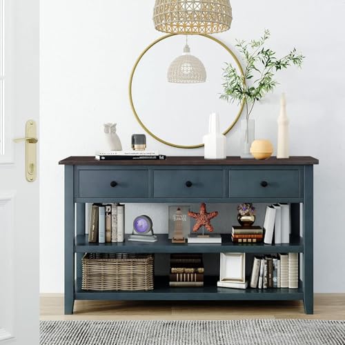 Solid Wood Console Table Sofa Table, Entryway Console Table with 3 Drawers + Open Shelves Storage, Mid-Century Consoles Tables Farmhouse for Living Room Bedroom Entry Hallway, Navy