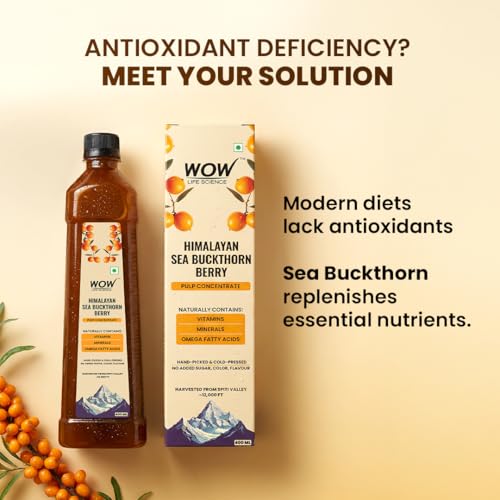Image of WOW Life Science Himalayan Sea Buckthorn Berry Pulp Concentrate | Cold‑Pressed from Spiti Valley | Rich in Omega 3‑6‑7‑9, Vitamins & Antioxidants | Heart, Gut, Skin & Immunity Support | No Added Sugar | Makes 80 Glasses | 400 ML