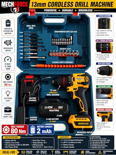 Image of MECHFORCE 13mm Cordless Drill Machine Model-MFR1320 Brushless Motor 28V Li-ion Batteries 18 +1 Torque 80nm torque with Accessories Kit works on wood, steel and concrete 12 month warrranty