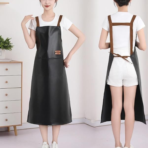GEMBITYFUL Black Waterproof Apron Large Pocket PU Material Waterproof Oil-proof Dust-proof Apron Slim Apron Length 38.6 inch - 1