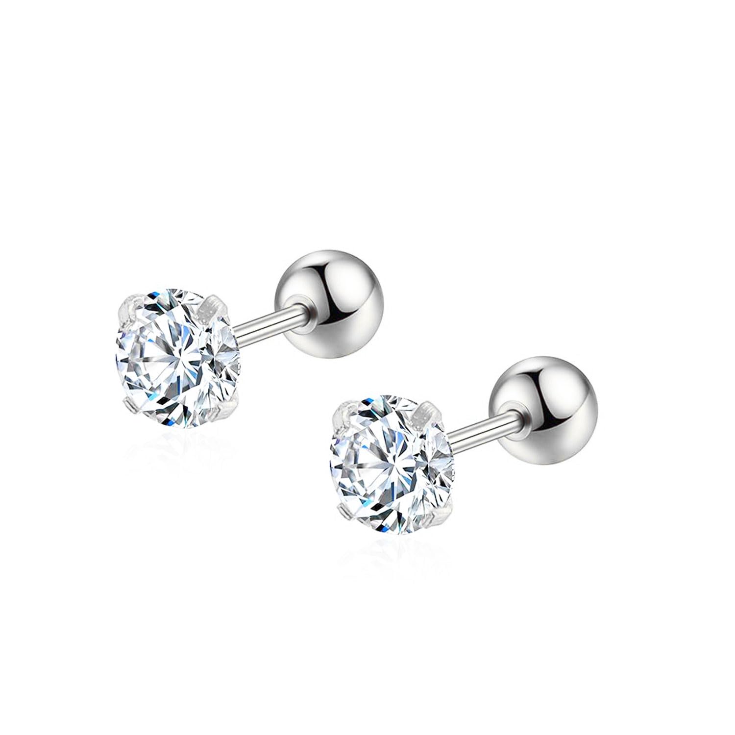 FASHIONS 4mm 18K Silver Plated Stainless Steel Anti Tarnish Medium White Stone Ear Studs Barbell Hypoallergenic Lightweight Piercing Stud Earrings for Men & Boys-image-43