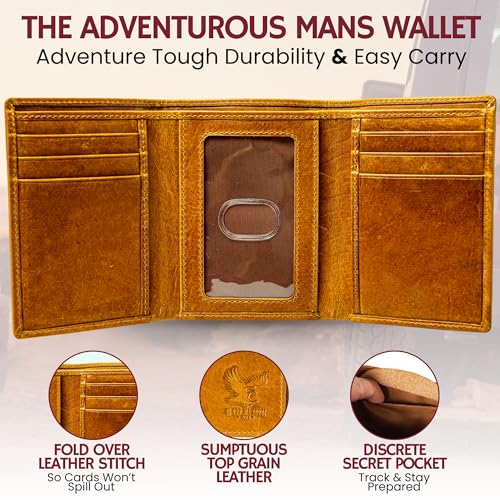 Image of BULL GUARD Trifold Wallet with RFID For Men, Genuine Real Leather - Top Grain Cowhide Tan, Durable & Compact Tri-Fold Design with Strong Stitching for Comfortable Pocket Fit, Secure Everyday Carry