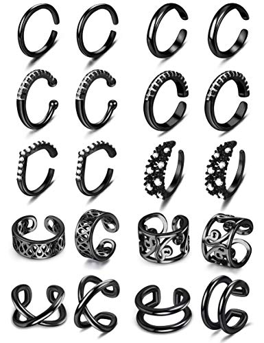 Sailimue 10 Pairs Stainless Steel Ear Cuff Non Piercing Clip on Earrings for Men Women Cartilage Wrap Fake Ear Cuff Adjustable Earrings Set