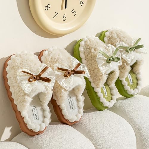 HANDKEI Women's cute bow anti slip thick rubber sole plush slippers for home and indoor use4