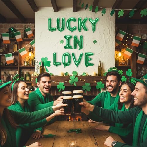 Image of 16in St Patricks Day Party Decorations Balloons-Classic Shamrocks Green LUCKY IN LOVE St Patricks day Inflatables Lucky Irish Balloons Decor Saint Patricks Day&Green party Decorations