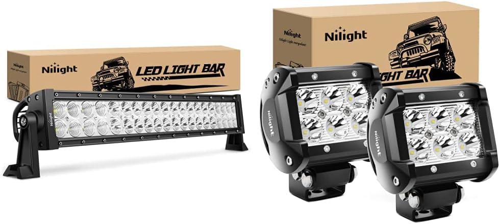 Nilight - 70003C-A 22" 120w LED Light Bar Flood Spot Combo & 2PCS 18W 1260lm Spot Driving Fog Light Off Road Led Lights Bar Mounting Bracket for SUV Boat 4" Jeep Lamp,2 Years Warranty
