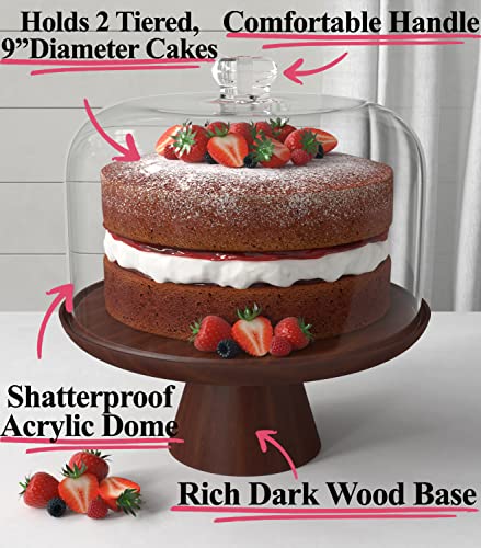 Wood Cake Stand With Dome - 11.5"D Wooden Cake Stand With Acrylic Shatterproof Dome - Cake Display Stand With Cover - Covered Cake Stand With Lid - Pastry Stand With Dome - Large Cake Stand With Cover #TOP1