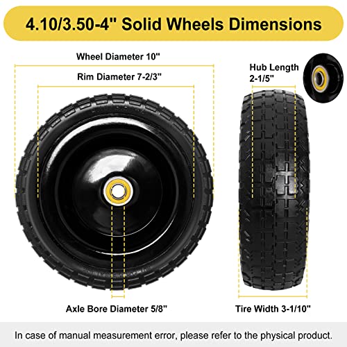 4.10/3.50-4 Tire And Wheel For Gorilla Cart - 10" Flat Free Tires For Hand Truck, Dolly, Snowblower, Generator, Garden Cart, Wagon, Trolley, Wheelbarrow, Solid Rubber Tires Without Flat Spots, 2 Pack #TOP1