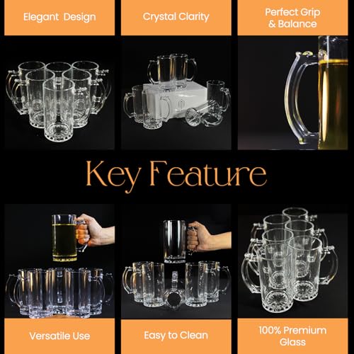 Image of Melbify Beer Mug | 500 ml | Set of 6 | Petal Bottom Embossing Design | Mug with Handle | Classic Beer Glasses | Premium | Heavy | Perfect for Beer, Cider,Cocktails,Mocktails | Gift Set