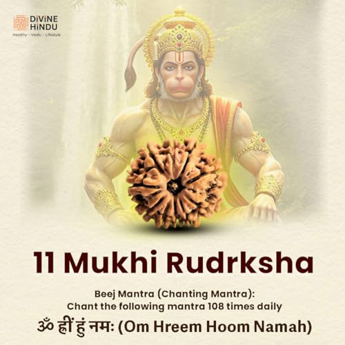 Image of Divine Hindu Original 11 Mukhi Nepali Rudraksha Lab Certified - Eleven Face Bead Blessed by Lord Hanuman for Courage & Success | Energized Spiritual Pendant for Men & Women with Certificate