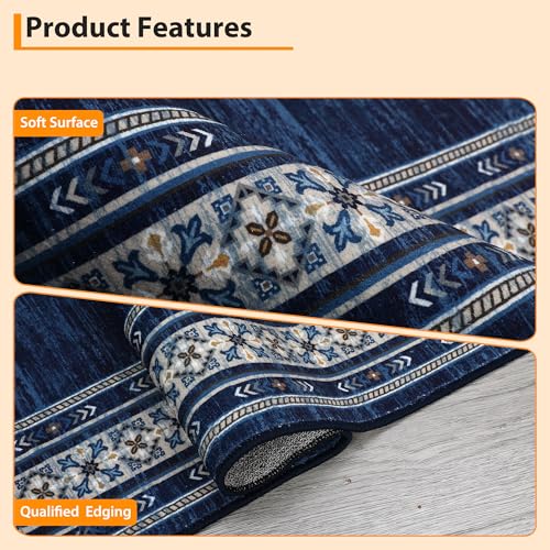 GlowSol Washable Runner Rug 2x6 Rug Modern Bordered Rug Non Slip Kitchen Rugs Runner Soft Bathroom Rug Runner Non-Shedding Carpet Runner for Bedroom Entryway Laundry Room,Navy