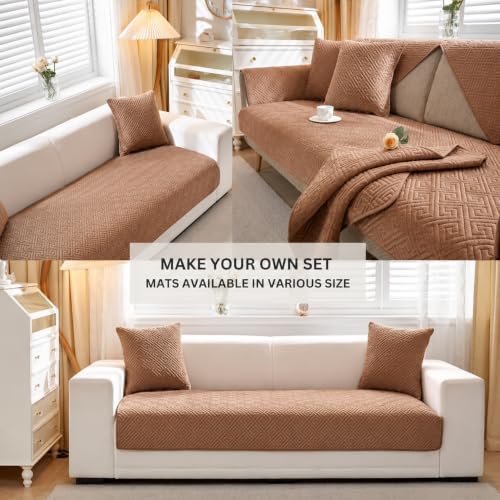 Image of HOMETHREADS Innovative Premium Velvet Sofa Cover Mat with PVC Backing for Non-Slip Comfort | (Brown Vrsh, 1Pc Backrest Mat | 70x70cm)