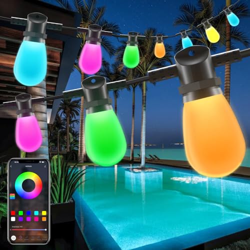 Gaoxun Guirlande Lumineuse Exterieure, 15M RGBW Guirlande Guinguette Exterieur, Contrôle APP, 15 Ampoules S14 Incassables, Dimmable, Minuterie, 33 Modes de Scène, 234 Effets d'éclairage, IP44 étanche