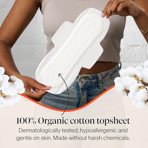 Image of Cora 100% Organic Cotton Topsheet Pads Maxi Overnight Pads (48 Count) | Maxi Absorbency Period Pads with Wings, Up to 10 Hours of Leak Protection, Made Without Harsh Chemicals, Feminine Care