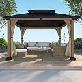 Cedar Wood Gazebo 10x12Ft Hardtop Gazebo with Curtains Patio Premium Cedar Frame Gazebo Heavy Duty Galvanized Steel Double Roof Pavilion for Patio Lawn Garden