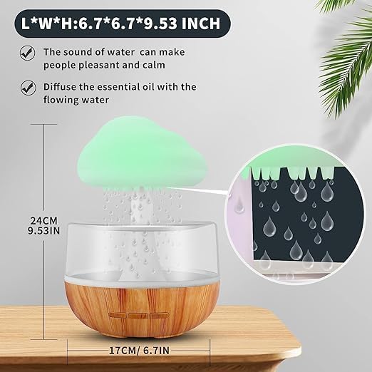 Image of Plastic Raining Cloud Night Light Aromatherapy Essential Oil Diffuser Micro Humidifier Desk Fountain Bedside Sleeping Relaxing Mood Water Drop Sound for Bedroom, Office or Yoga (Raining Cloud)