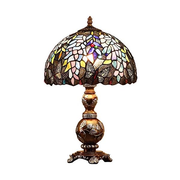 Bieye L10568 Wisteria Flowers Butterflies Tiffany Style Stained Glass Table Lamp with 12-inch Wide Lampshade, 19-inch Tall