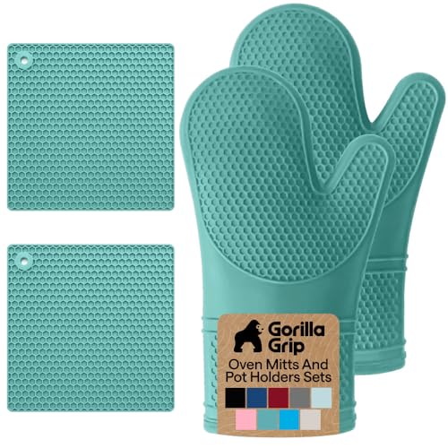 Image of GORILLA GRIP BPA-Free Soft Silicone Oven Mitts and Pot Holders Sets, Heat Resistant Waterproof Cooking Gloves, Thick Cotton Lining, Flexible Gripping for Baking Grilling, Kitchen Trivets, Turquoise