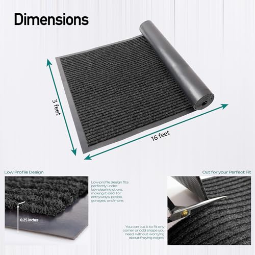 Image of MaxMat Oversized Rubber Door Mat - Heavy Duty, Waterproof, Low-Profile, Easy to Clean, Commercial Floor Mat (3 x 16 Feet, Black, MXM-RIB0316BK)